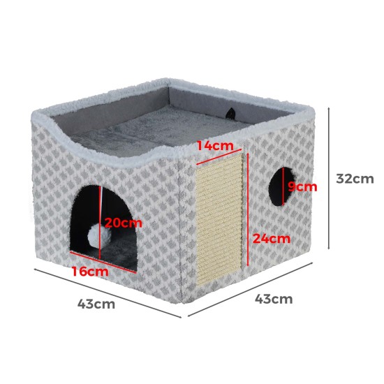 Gray Diamond Pattern Double-Layer Cat House with Scratching Mat Foldable Enclosed Cat Cave Pet Cube House Nest for Indoor